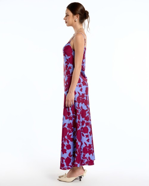 SIXDO G-Blue Floral Silk Sleeveless Dress for Women